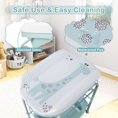 Foldable Diaper Changing Table on Wheels with Bathtub for 0-12 Months Old Babies and Infants