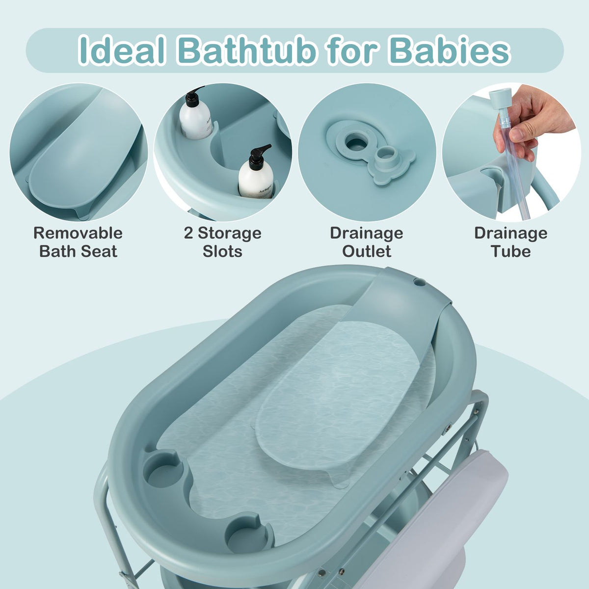 Foldable Diaper Changing Table on Wheels with Bathtub for 0-12 Months Old Babies and Infants