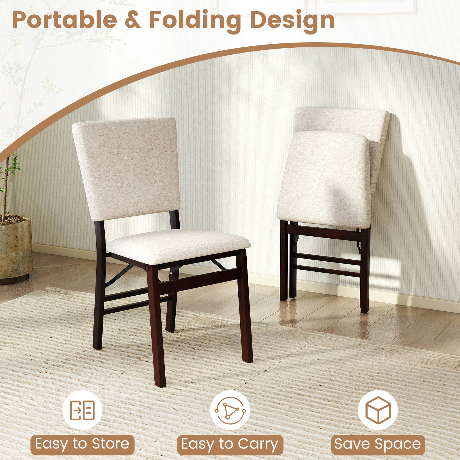 Foldable Dining Chair Set of 4 Armless Kitchen Chair with Padded Seat and Tilt Backrest-Beige