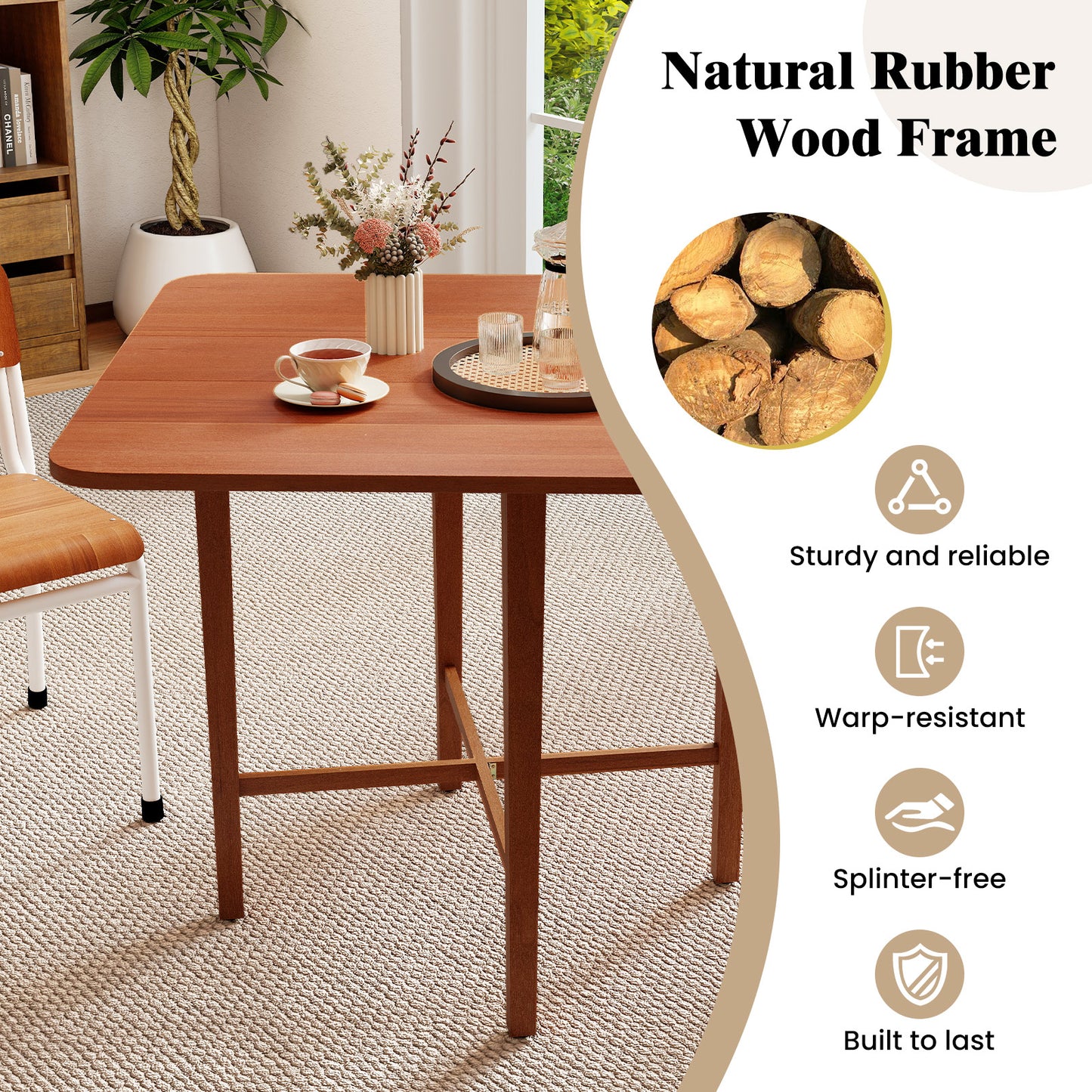 Foldable Dining Table for 2-4 People with Rubber Wood Legs for Small Space-Walnut