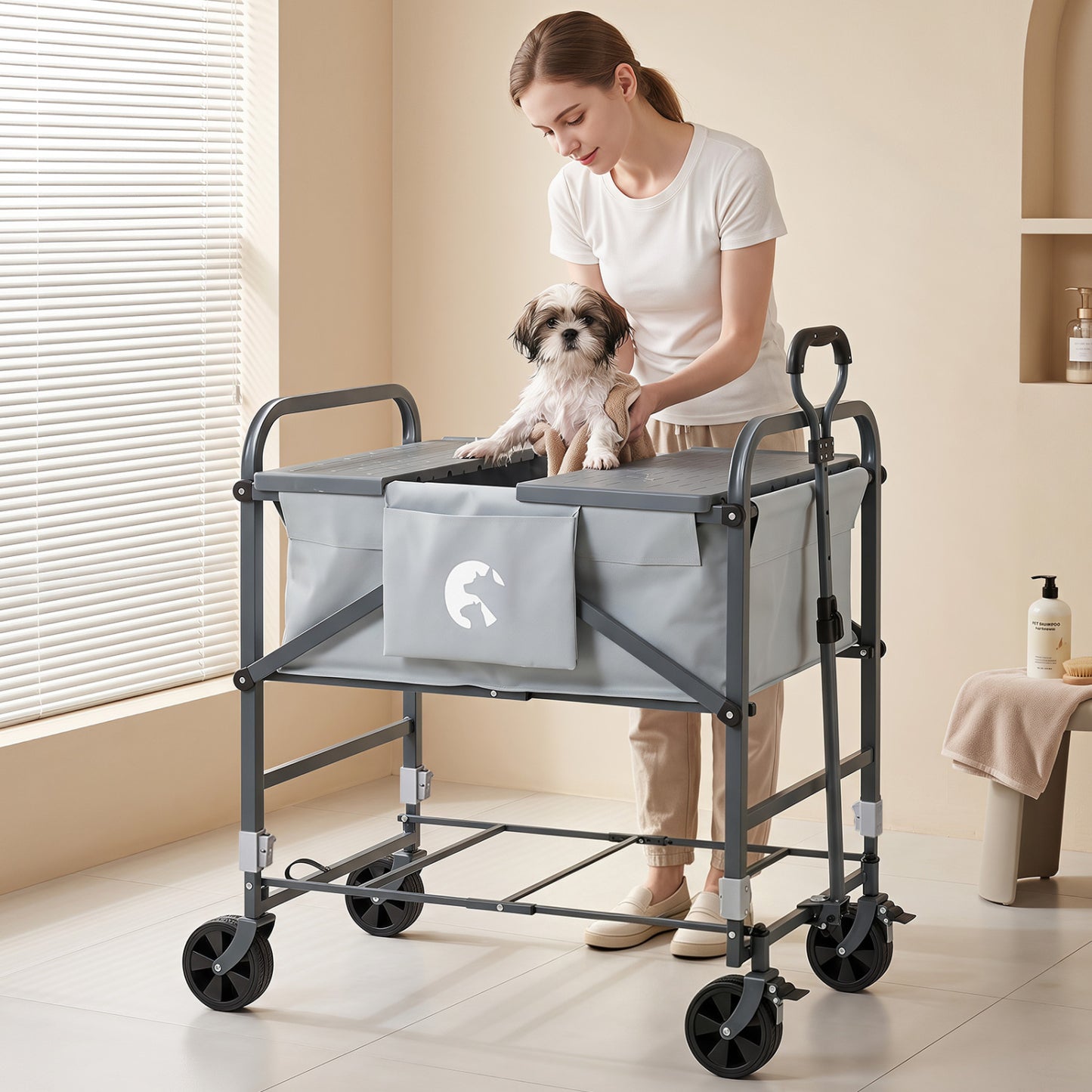 Foldable Dog Bath Cart with Adjustable Height & 4 Wheels