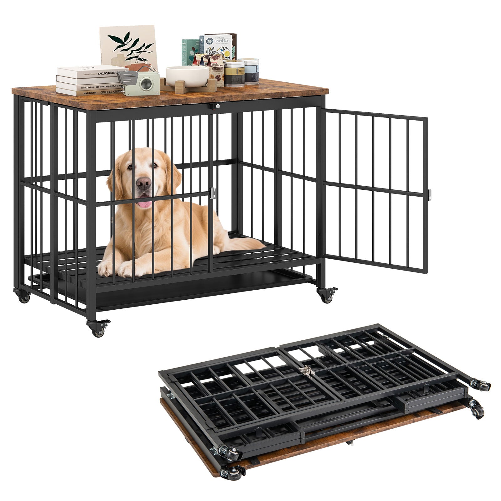 Foldable Dog Crate Furniture with Removable Tray and Lockable Door-L