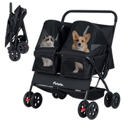 Foldable Double Pet Stroller with Adjustable Sunshade and Storage Basket-Black