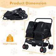 Foldable Double Pet Stroller with Adjustable Sunshade and Storage Basket-Black