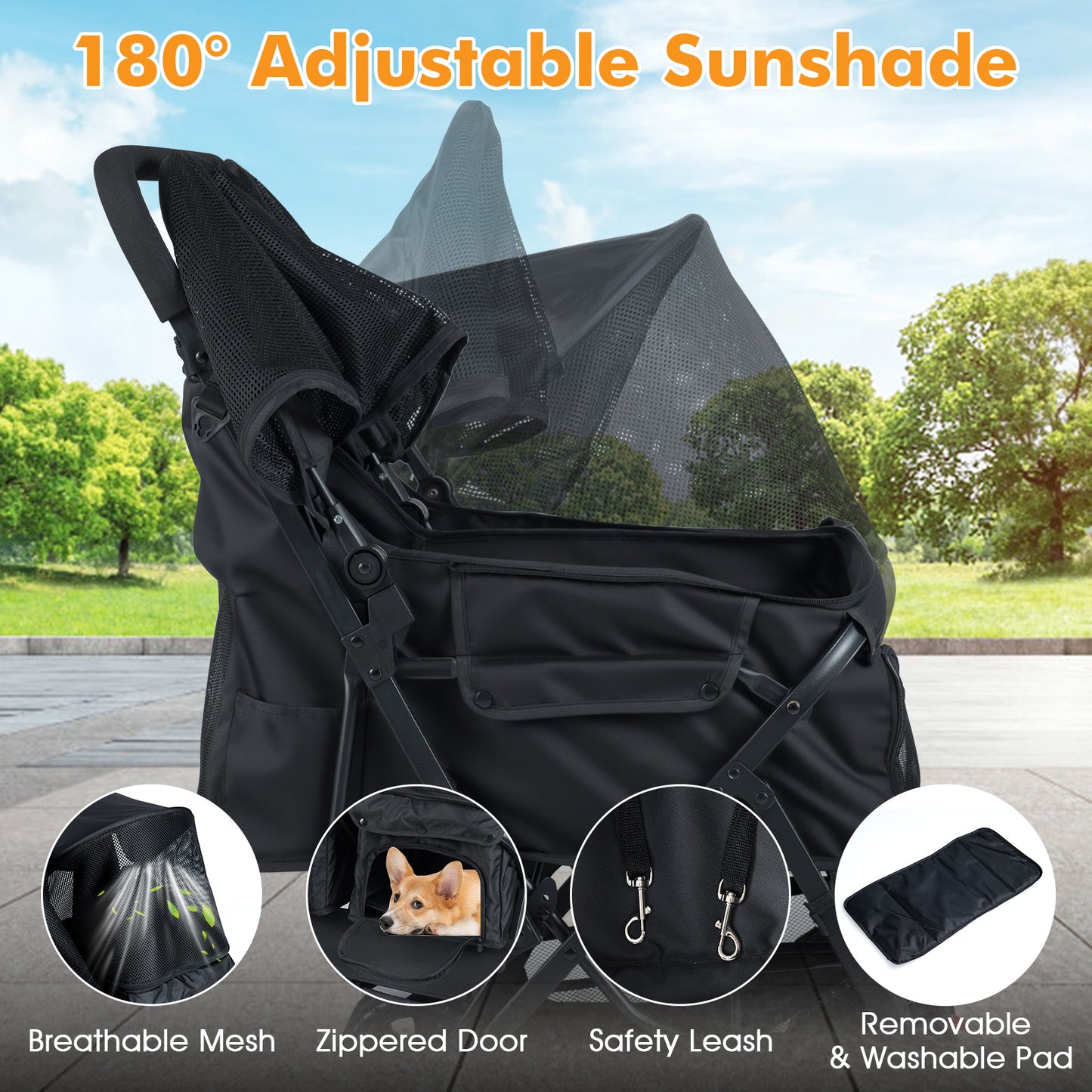 Foldable Double Pet Stroller with Adjustable Sunshade and Storage Basket-Black