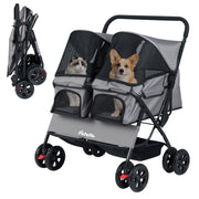 Foldable Double Pet Stroller with Adjustable Sunshade and Storage Basket-Gray