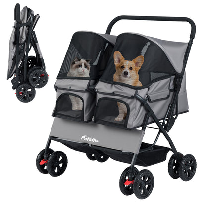 Foldable Double Pet Stroller with Adjustable Sunshade and Storage Basket-Gray