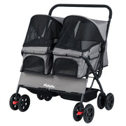 Foldable Double Pet Stroller with Adjustable Sunshade and Storage Basket-Gray