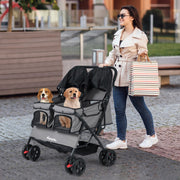 Foldable Double Pet Stroller with Adjustable Sunshade and Storage Basket-Gray
