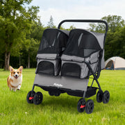 Foldable Double Pet Stroller with Adjustable Sunshade and Storage Basket-Gray