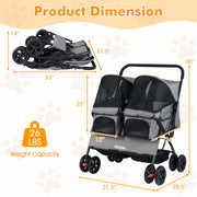 Foldable Double Pet Stroller with Adjustable Sunshade and Storage Basket-Gray