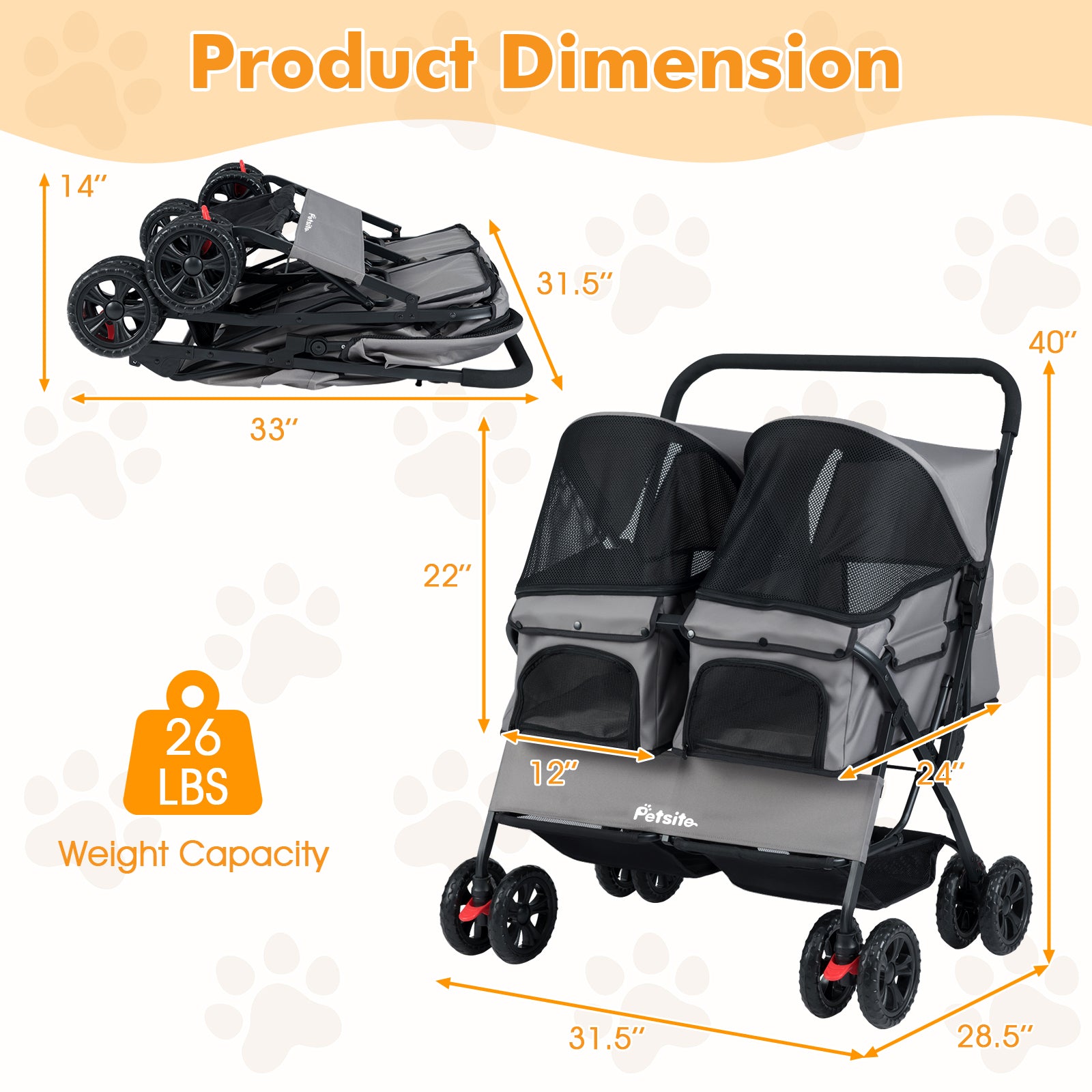 Foldable Double Pet Stroller with Adjustable Sunshade and Storage Basket-Gray