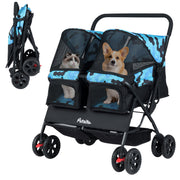 Foldable Double Pet Stroller with Adjustable Sunshade and Storage Basket-Navy