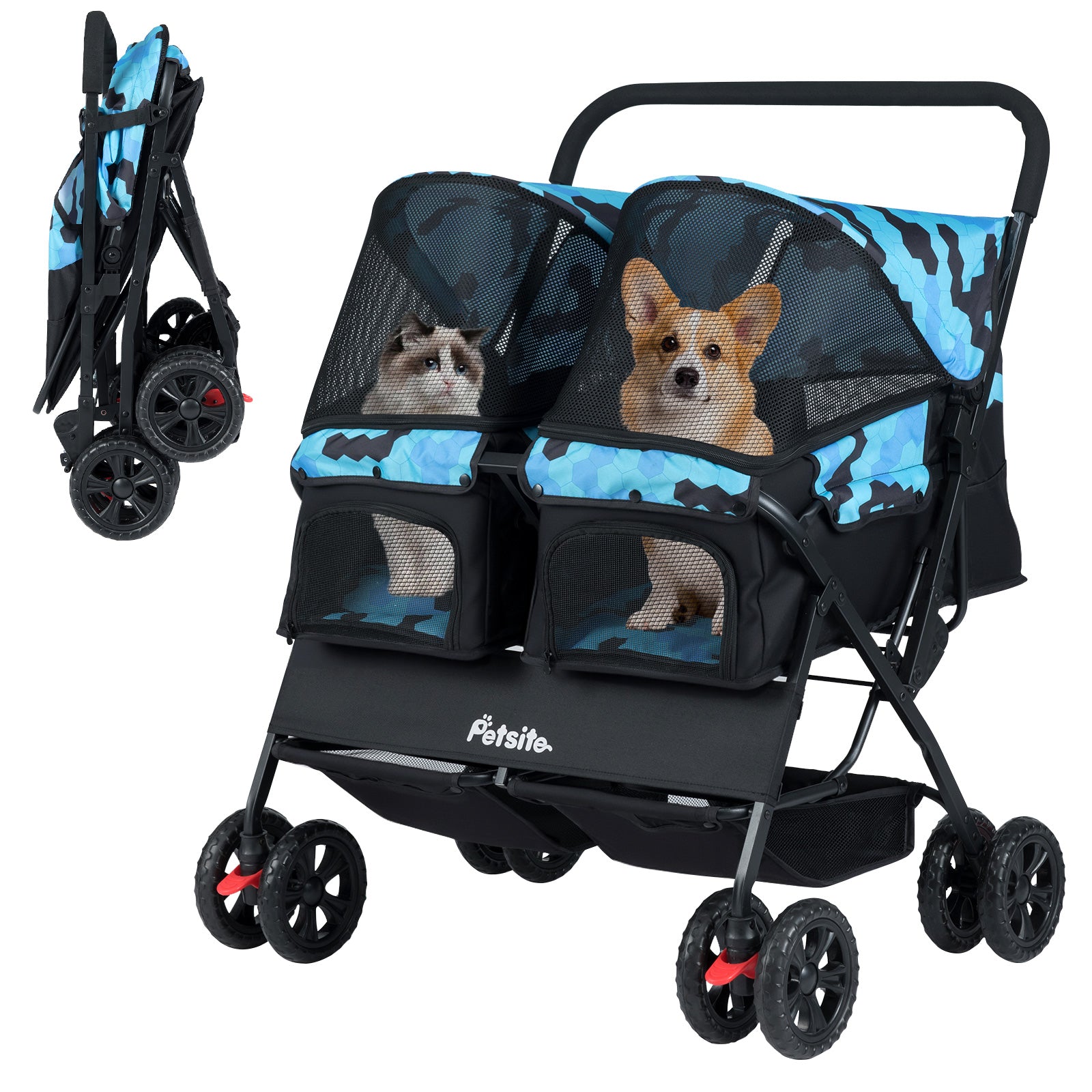 Foldable Double Pet Stroller with Adjustable Sunshade and Storage Basket-Navy