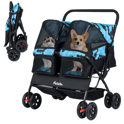 Foldable Double Pet Stroller with Adjustable Sunshade and Storage Basket-Navy