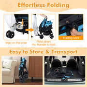 Foldable Double Pet Stroller with Adjustable Sunshade and Storage Basket-Navy
