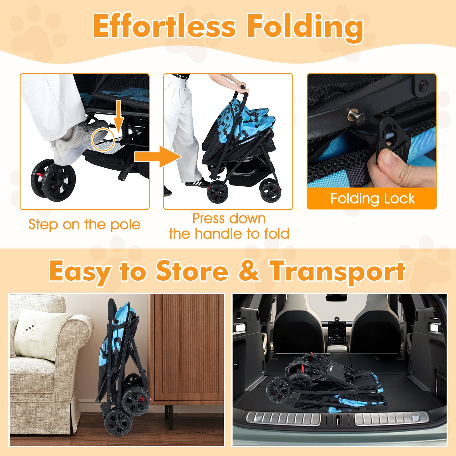 Foldable Double Pet Stroller with Adjustable Sunshade and Storage Basket-Navy