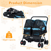 Foldable Double Pet Stroller with Adjustable Sunshade and Storage Basket-Navy