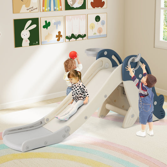 Foldable Freestanding Baby Slide Climber Playset with Basketball Hoop for Kids-Blue