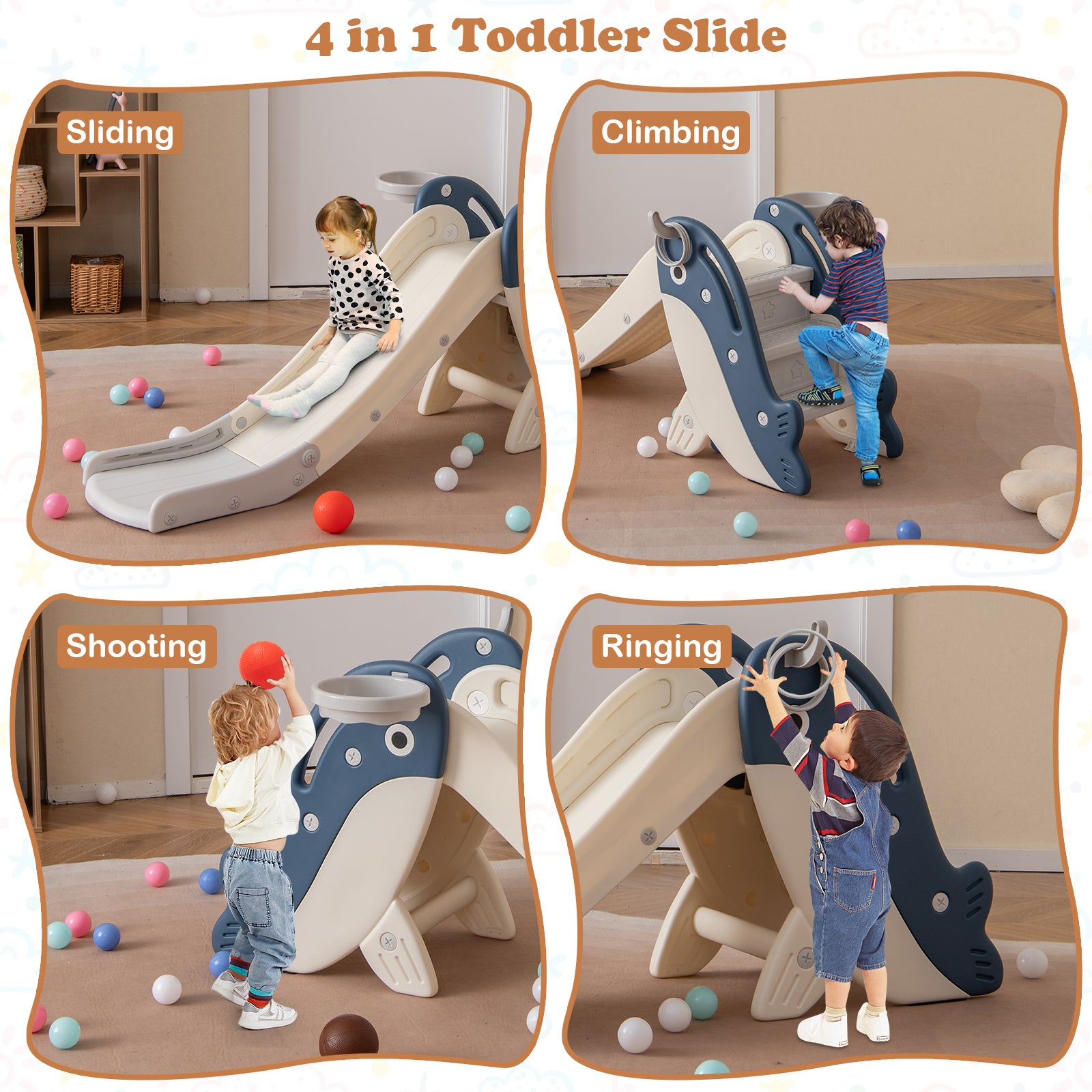 Foldable Freestanding Baby Slide Climber Playset with Basketball Hoop for Kids-Blue