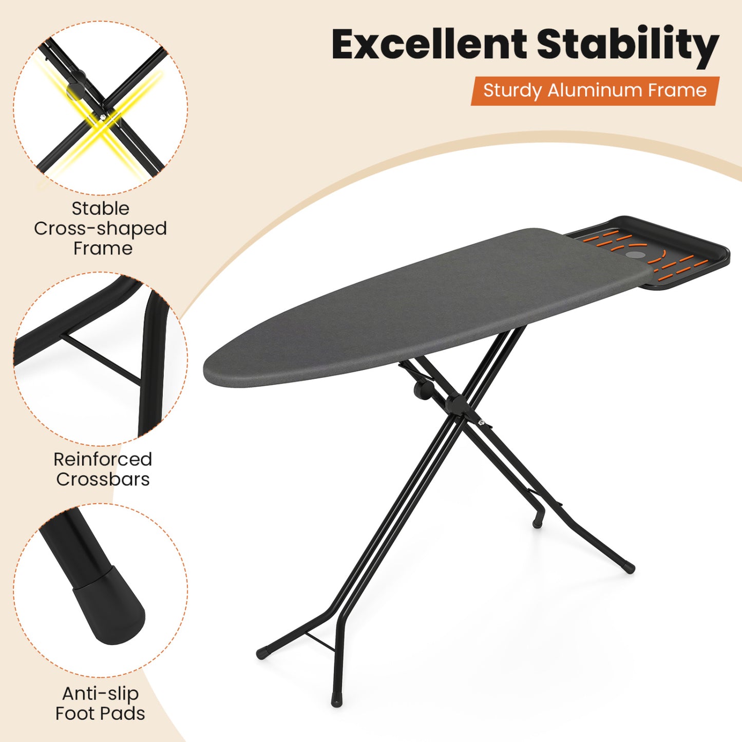 Full Size Foldable Ironing Board with Collapsible Iron Rest