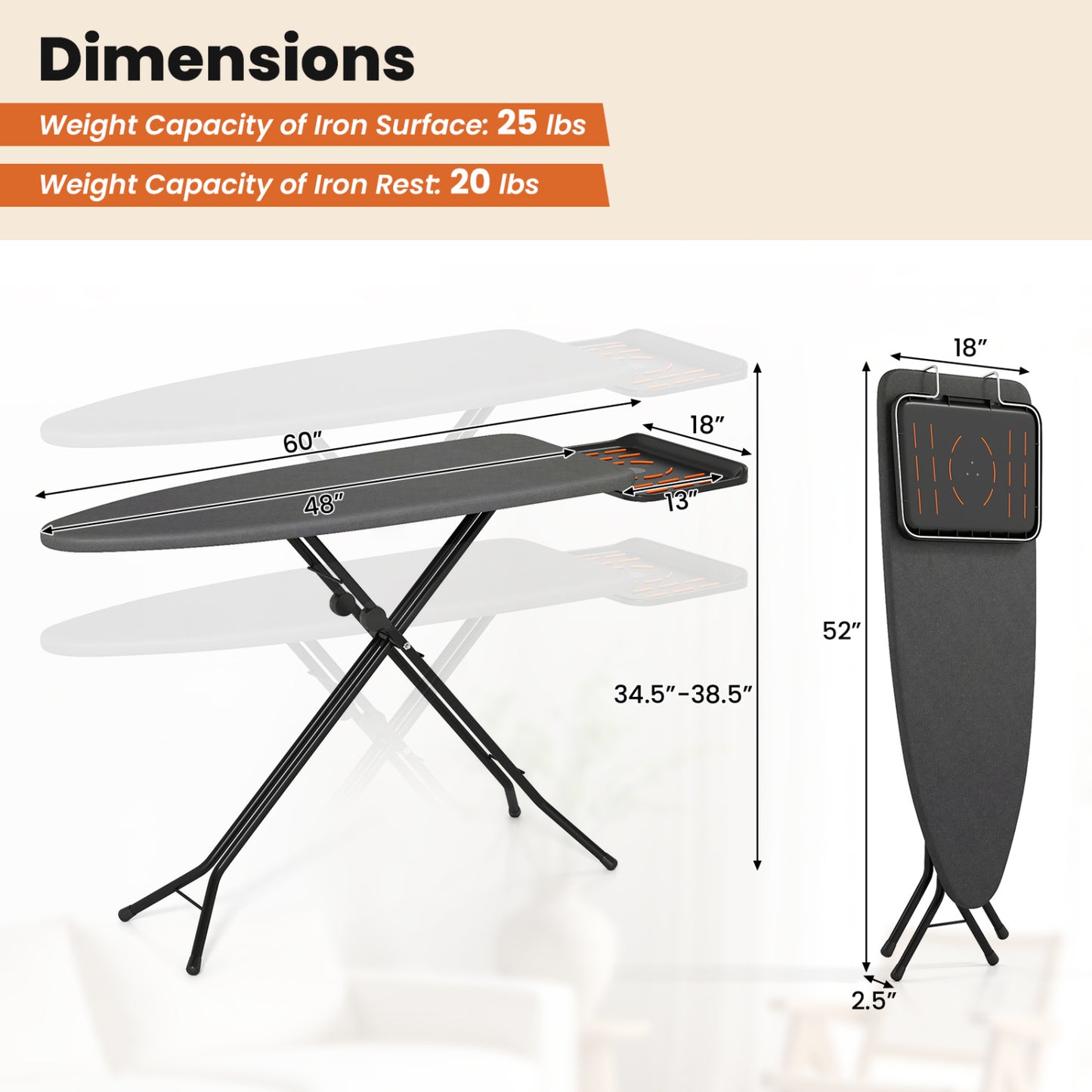 Full Size Foldable Ironing Board with Collapsible Iron Rest
