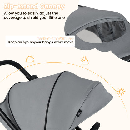 Foldable Infant Pram Stroller with Reversible Seat Reclining Backrest-Black - Gray