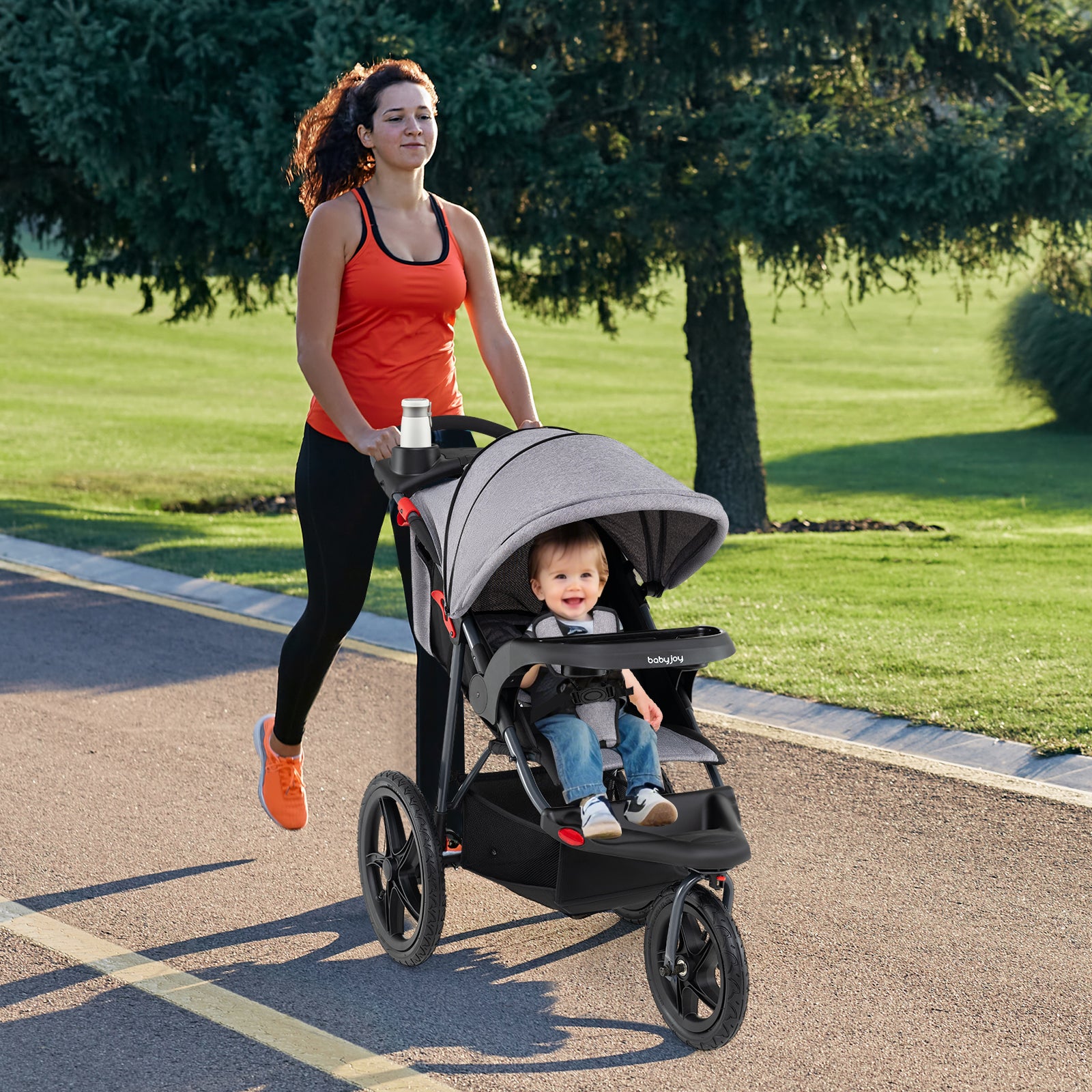 Foldable Jogging Stroller with Detachable Tray and Air-Filled Rubber Tires-Gray