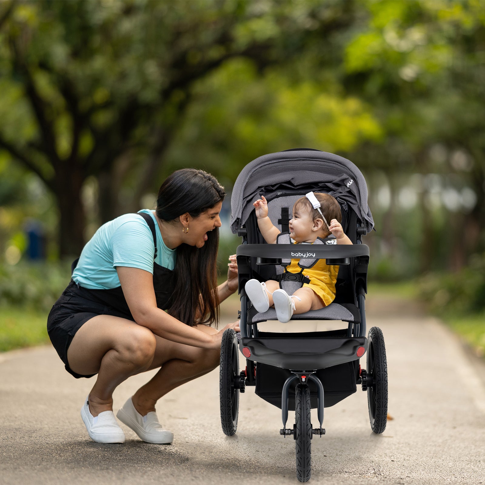 Foldable Jogging Stroller with Detachable Tray and Air-Filled Rubber Tires-Gray