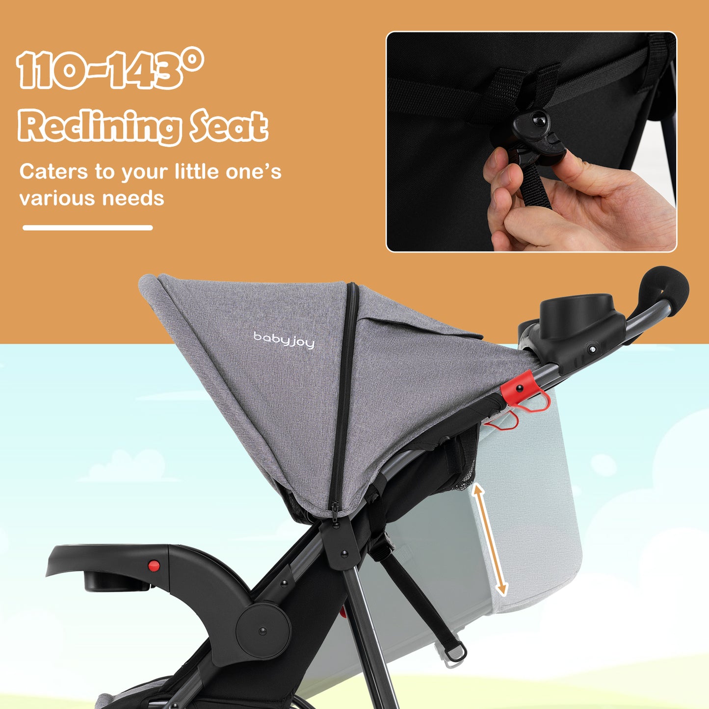 Foldable Jogging Stroller with Detachable Tray and Air-Filled Rubber Tires-Gray
