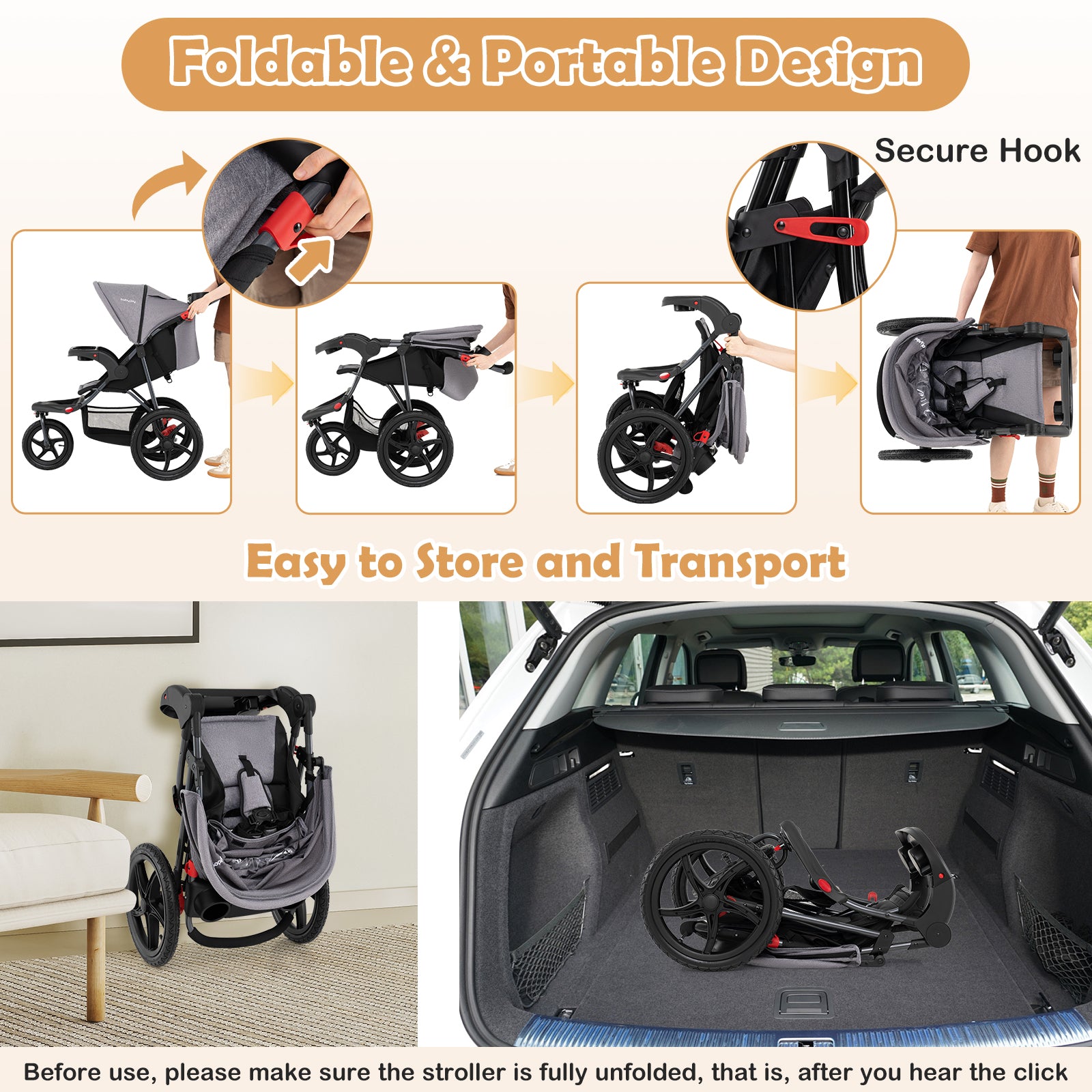 Foldable Jogging Stroller with Detachable Tray and Air-Filled Rubber Tires-Gray