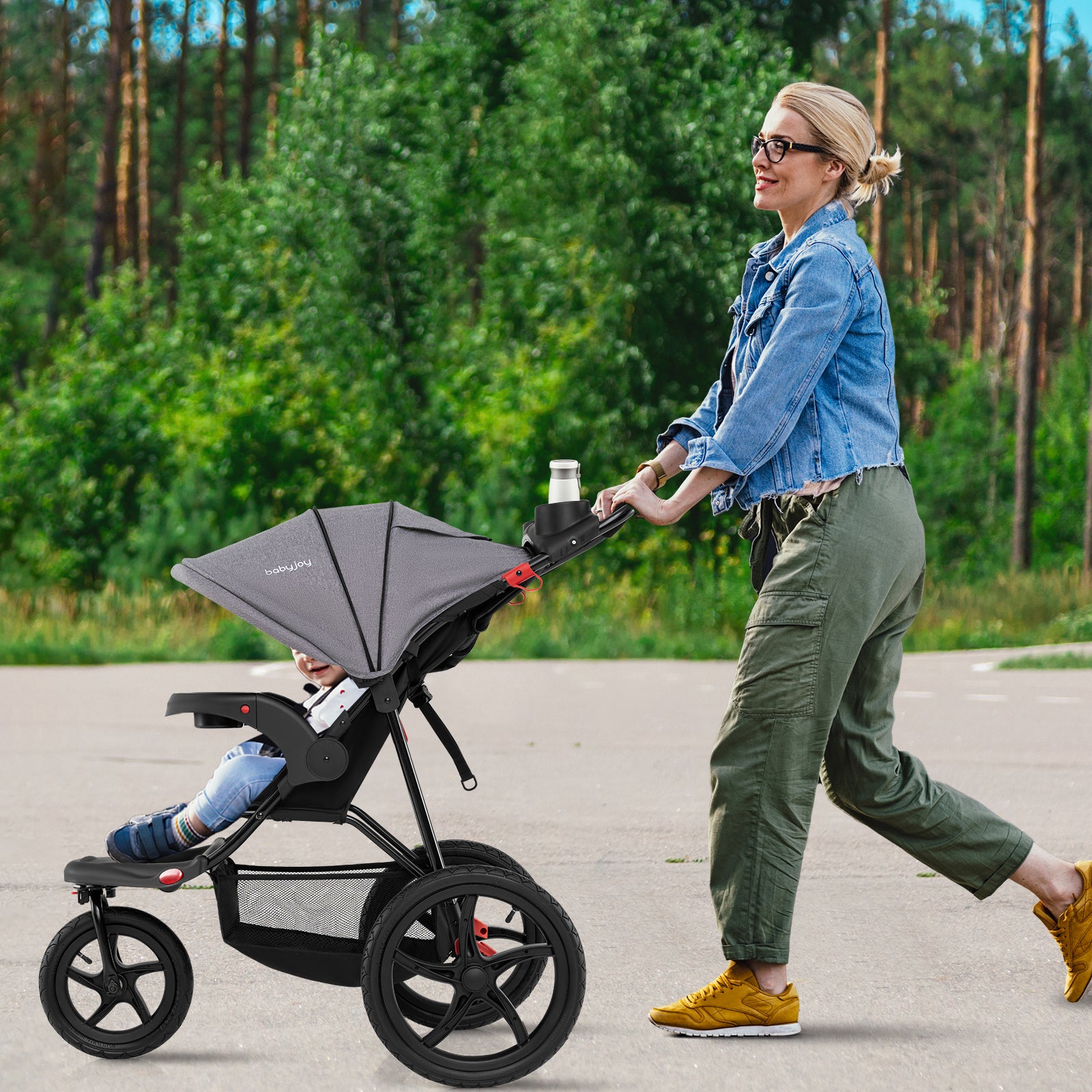 Foldable Jogging Stroller with Detachable Tray and Air-Filled Rubber Tires-Gray