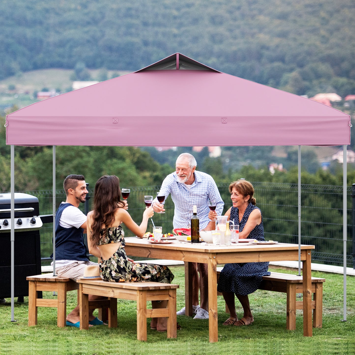 10 X 10 FT Foldable Outdoor Patio Shelter Canopy Tent with 1-Push Center Lock-Pink