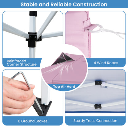 10 X 10 FT Foldable Outdoor Patio Shelter Canopy Tent with 1-Push Center Lock-Pink
