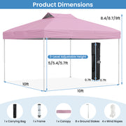 10 X 10 FT Foldable Outdoor Patio Shelter Canopy Tent with 1-Push Center Lock-Pink