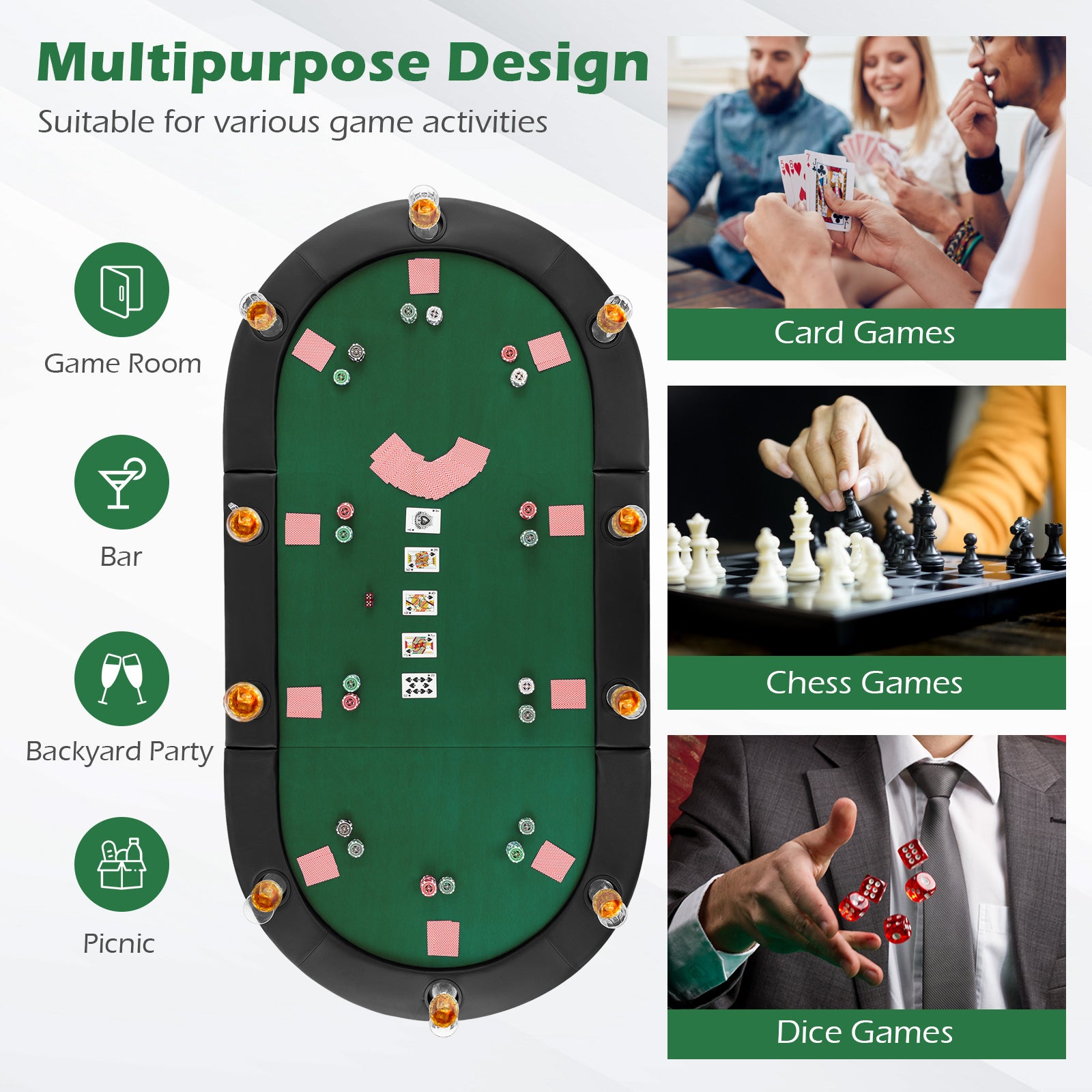 Portable 84 x 42 Inch 10-Player Foldable Padded Poker Table Top-Green - Green