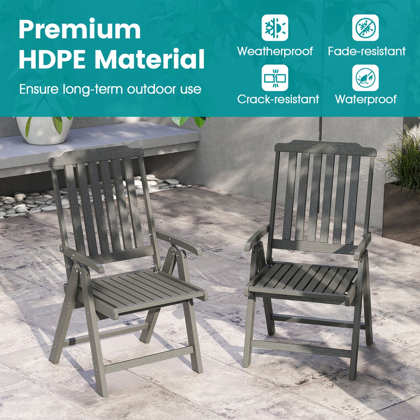 Foldable Patio Chair All-Weather HDPE Outdoor Dining Chair with Armrest-Gray