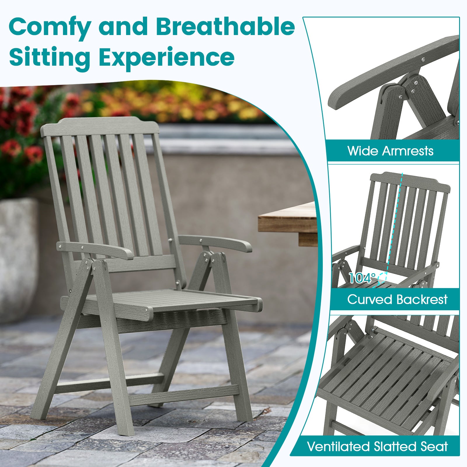 Foldable Patio Chair All-Weather HDPE Outdoor Dining Chair with Armrest-Gray
