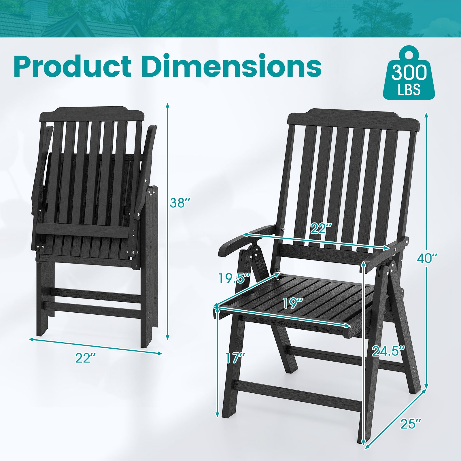 Foldable Patio Chair All-Weather HDPE Outdoor Dining Chair with Armrest-Black