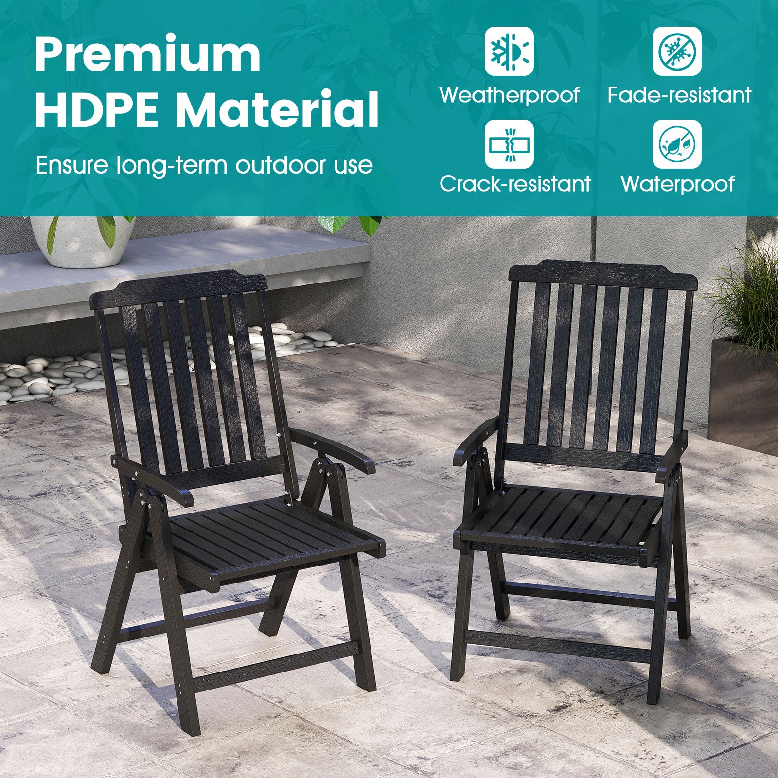Foldable Patio Chair All-Weather HDPE Outdoor Dining Chair with Armrest-Black