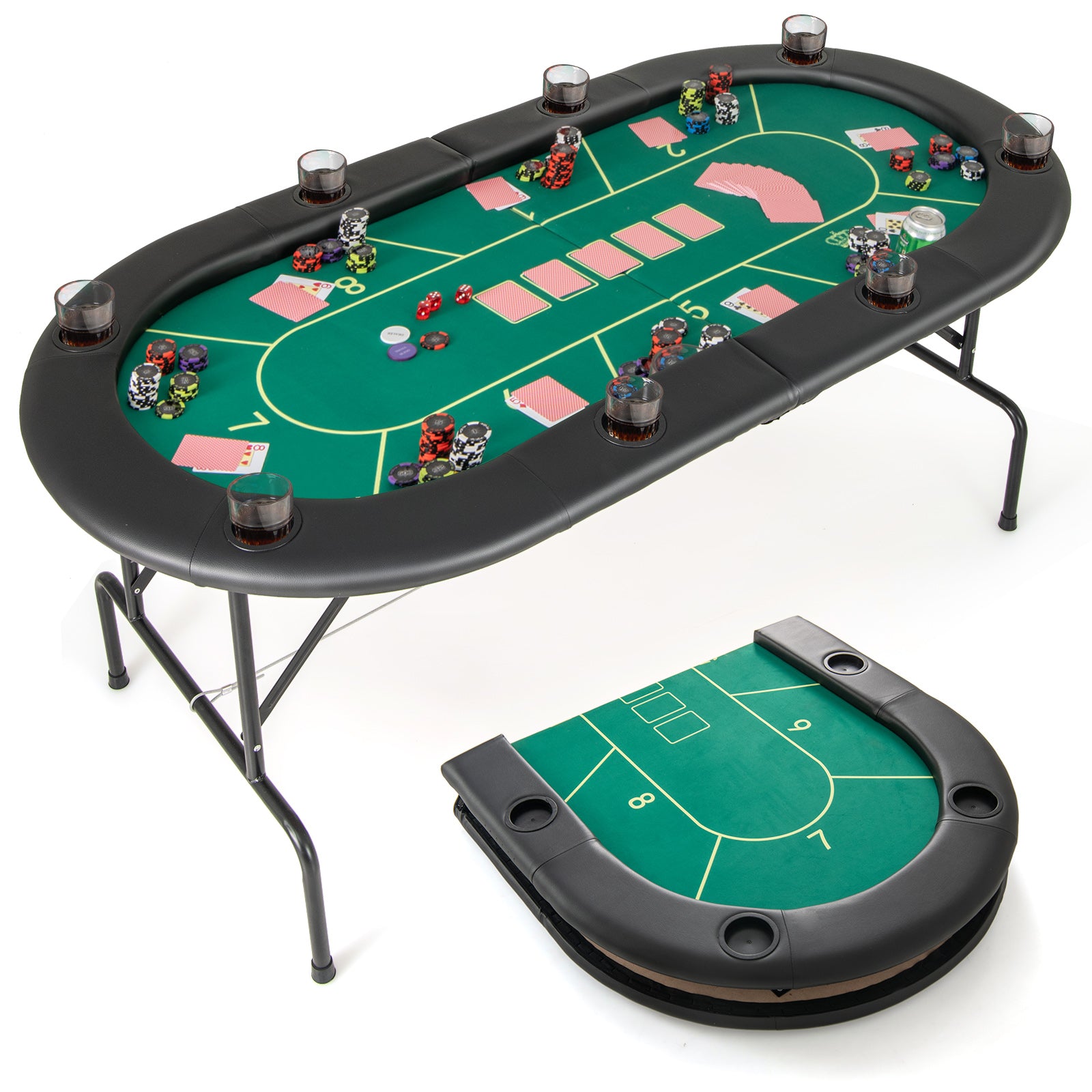 72 x 36 x 30.5 Inch Foldable Poker Table with 8 Cup Holders-Green - Green