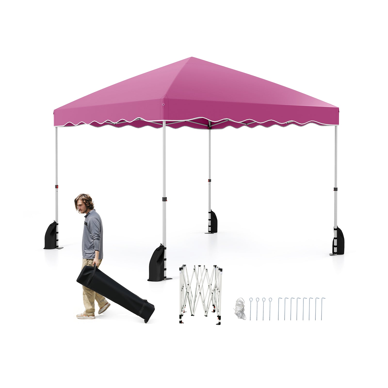 Foldable 10 X 10 Feet Pop up Canopy Tent with Wheeled Bag-White - Pink