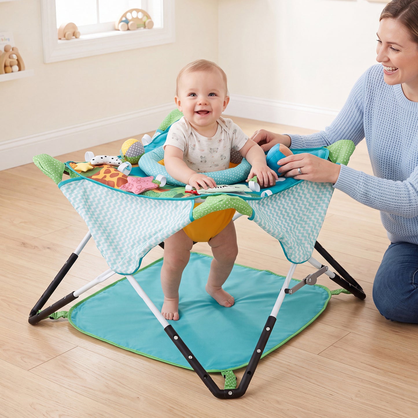 Foldable Baby Jumper with Canopy and Interactive Toys