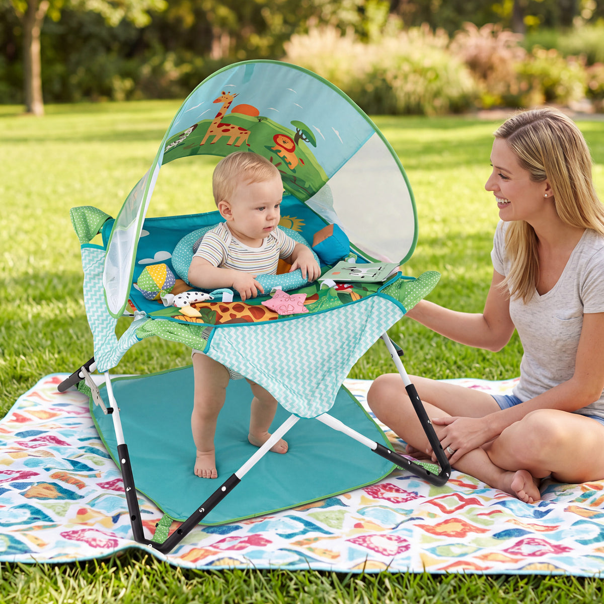 Foldable Baby Jumper with Canopy and Interactive Toys