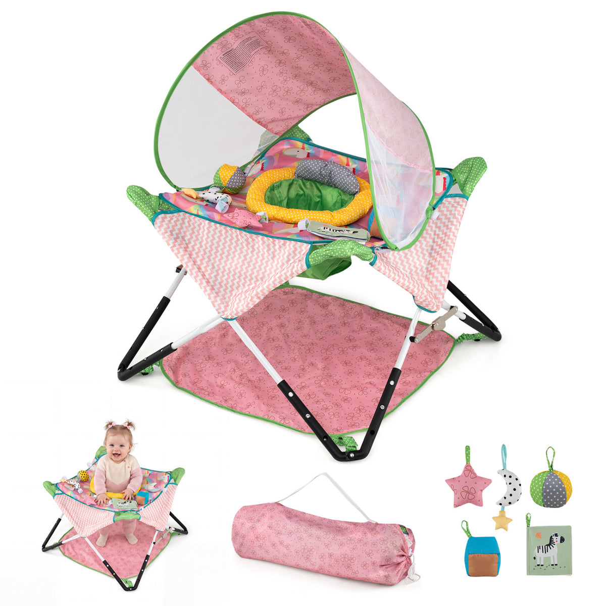 Foldable Baby Jumper with Canopy and Interactive Toys