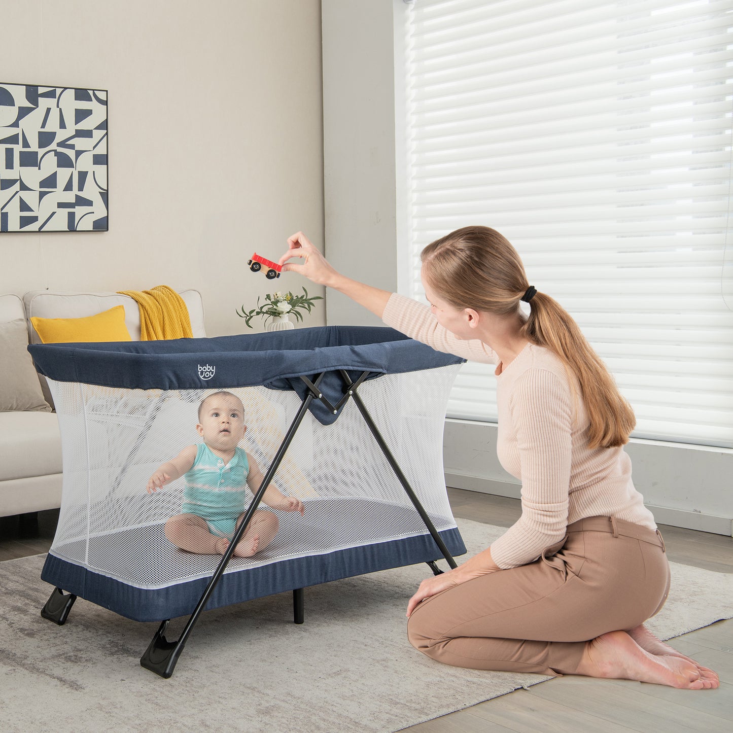 Baby Foldable Playpen with Removable Mattress and Washable Cover