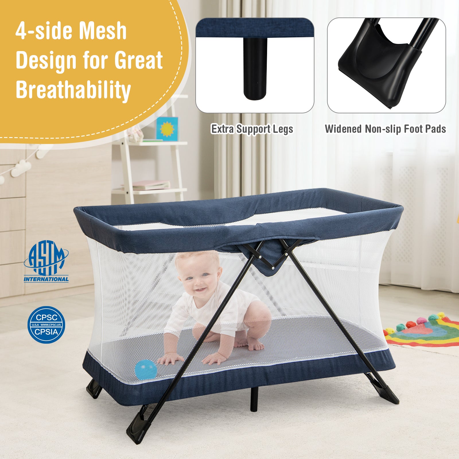 Baby Foldable Playpen with Removable Mattress and Washable Cover