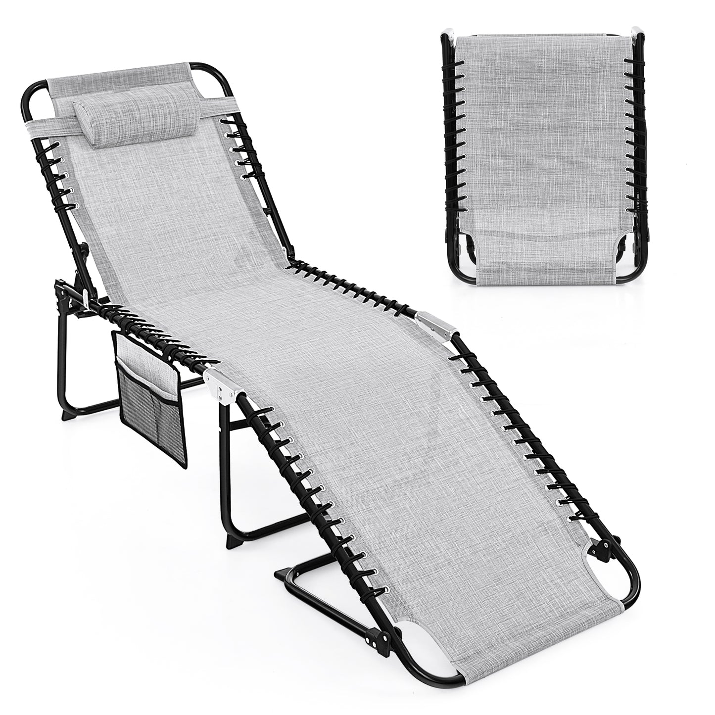 Foldable Recline Lounge Chair with Adjustable Backrest and Footrest-Black - Gray