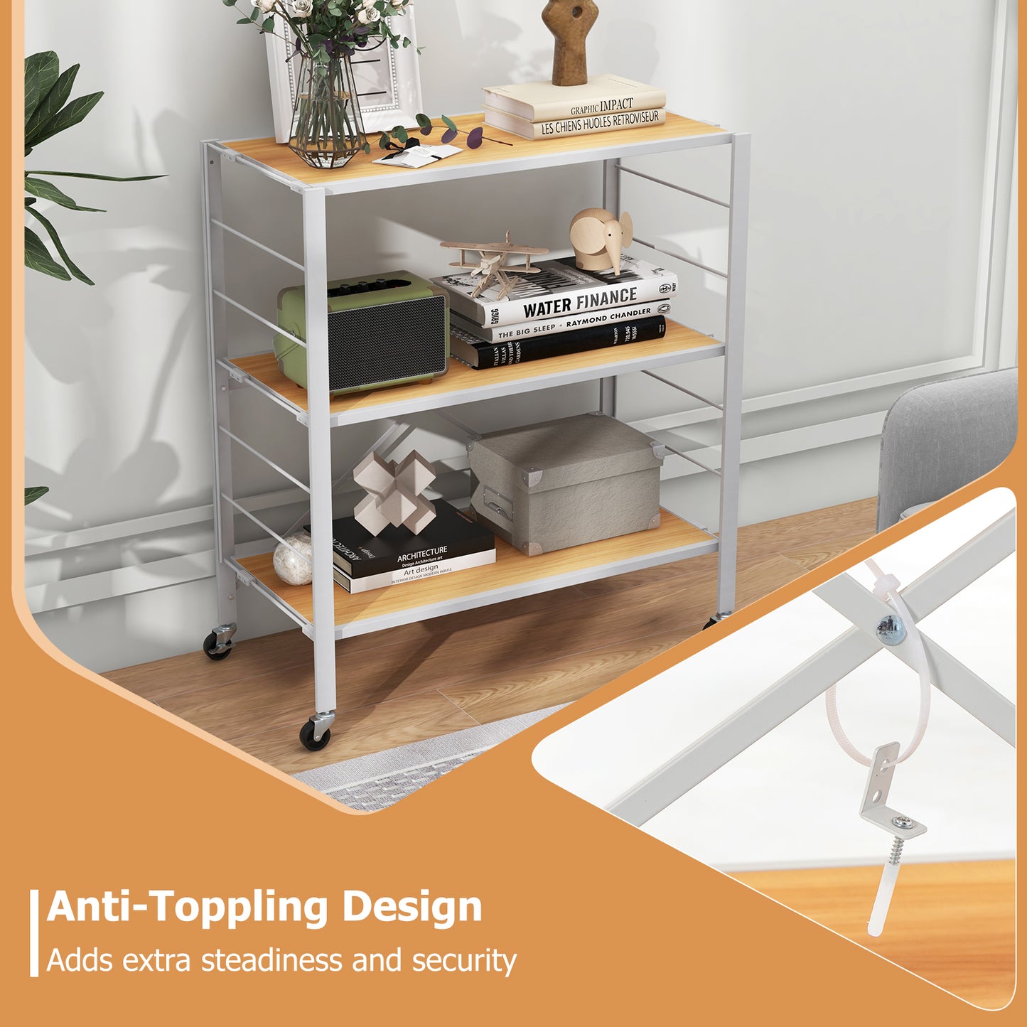 3-Tier Foldable Shelving Unit with Detachable Wheels and Adjustable Shelves-Natural