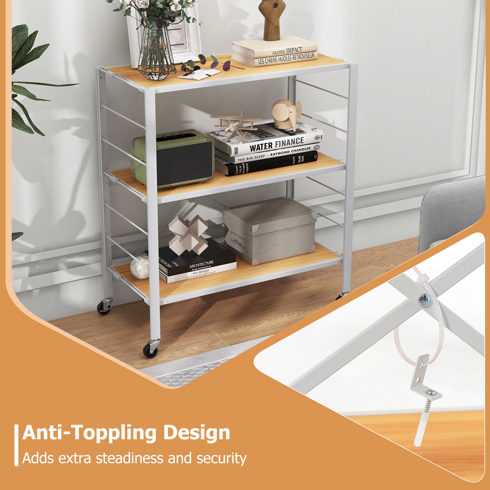 3-Tier Foldable Shelving Unit with Detachable Wheels and Adjustable Shelves-Natural